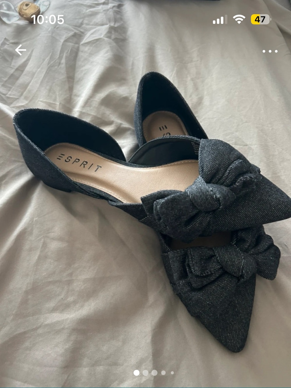 Esprit Black Pointed D'Orsay Flats with Knotted Bow Detail